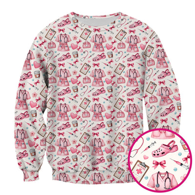 Valentine Pink Nurse Icons Print Scrub Top, Comfortable Scrubs for Nurses