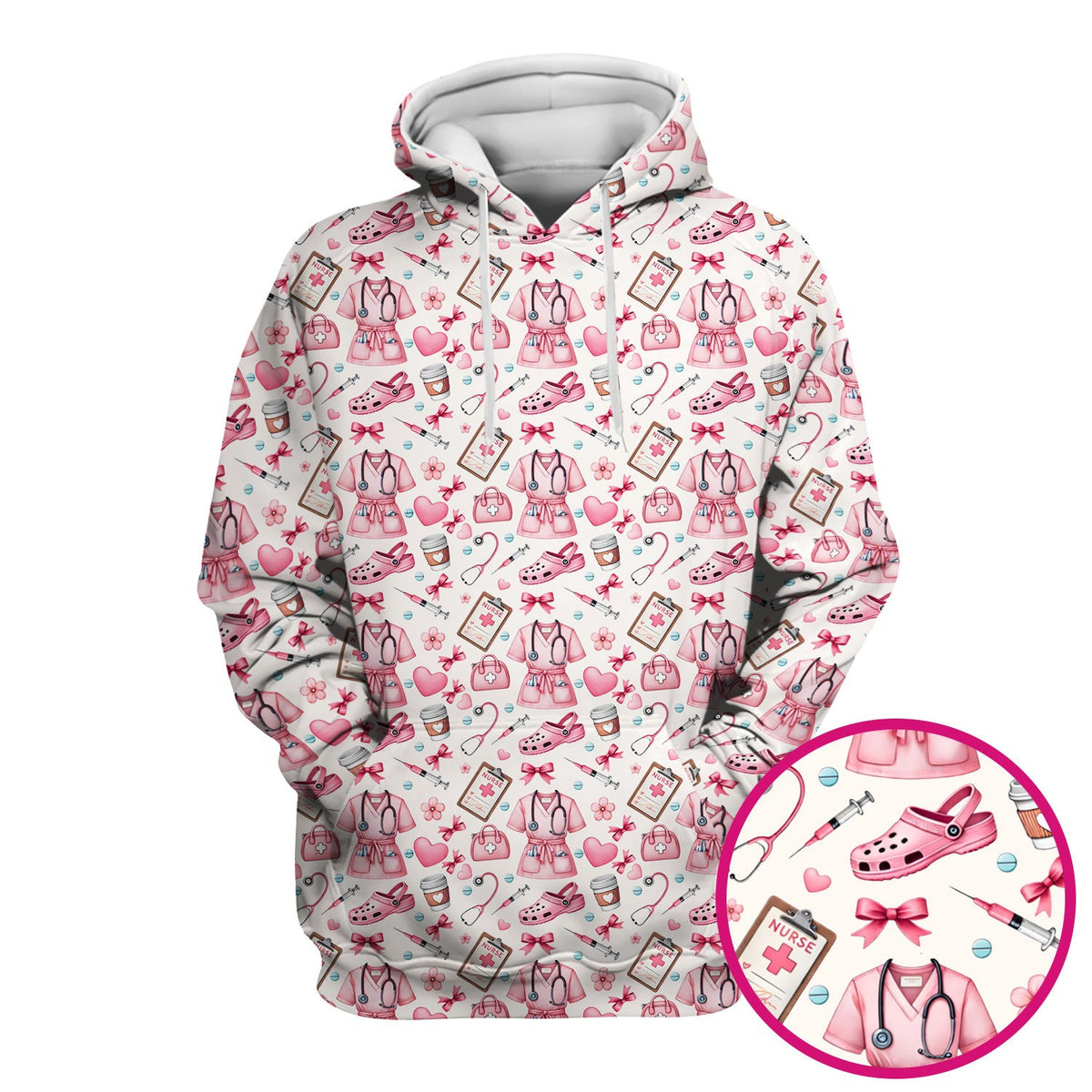 Valentine Pink Nurse Icons Print Scrub Top, Comfortable Scrubs for Nurses