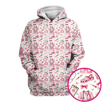 Valentine Pink Nurse Icons Print Scrub Top, Comfortable Scrubs for Nurses