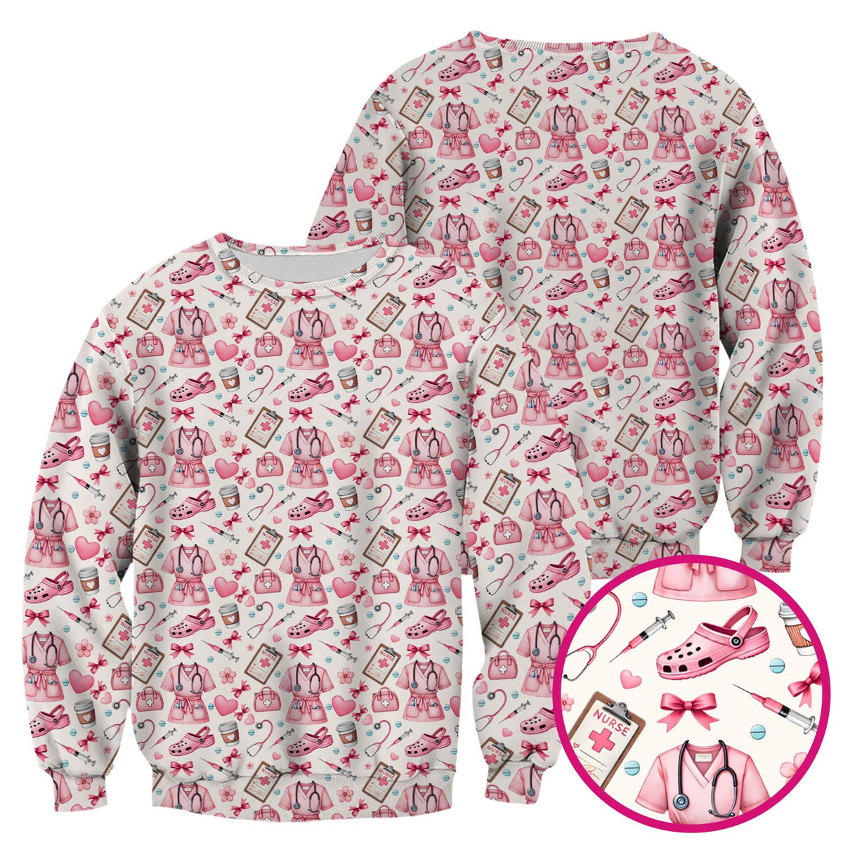 Valentine Pink Nurse Icons Print Scrub Top, Comfortable Scrubs for Nurses