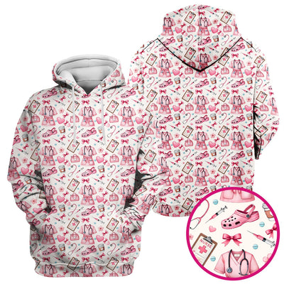 Valentine Pink Nurse Icons Print Scrub Top, Comfortable Scrubs for Nurses