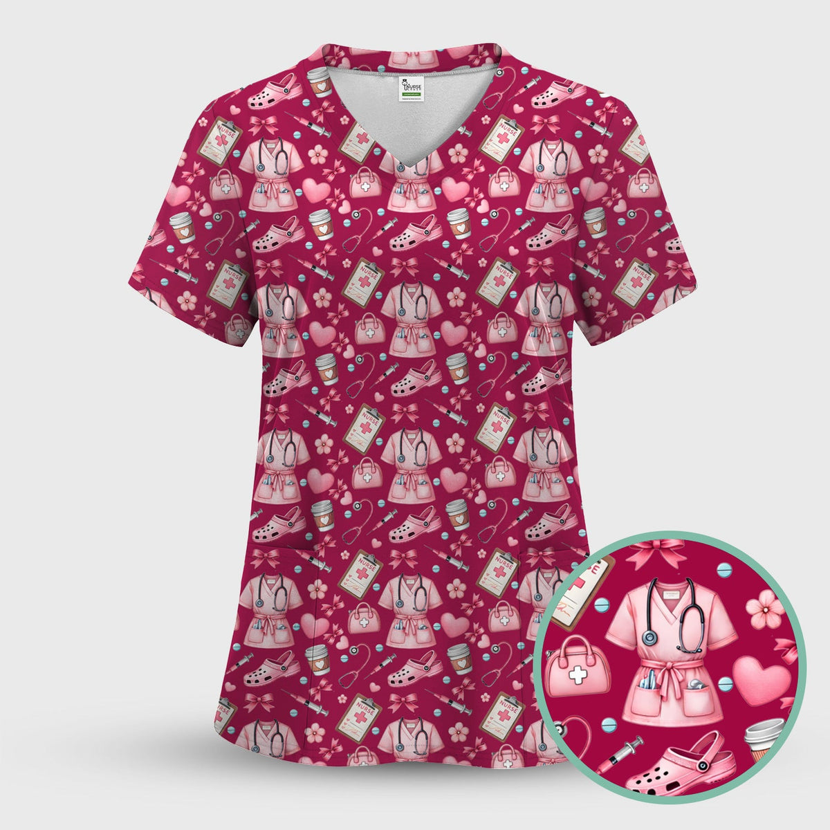 Valentine Pink Nurse Icons Print Scrub Top, Comfortable Scrubs for Nurses