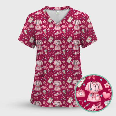 Valentine Pink Nurse Icons Print Scrub Top, Comfortable Scrubs for Nurses