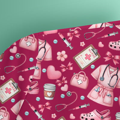 Valentine Pink Nurse Icons Print Scrub Top, Comfortable Scrubs for Nurses