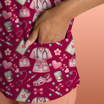 Valentine Pink Nurse Icons Print Scrub Top, Comfortable Scrubs for Nurses