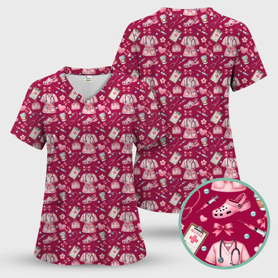 Valentine Pink Nurse Icons Print Scrub Top, Comfortable Scrubs for Nurses