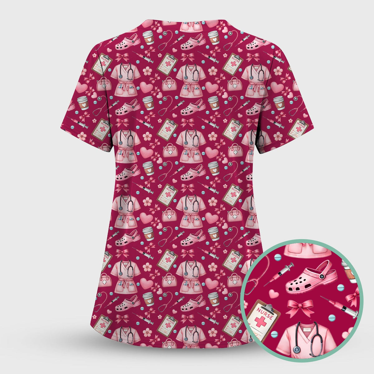 Valentine Pink Nurse Icons Print Scrub Top, Comfortable Scrubs for Nurses