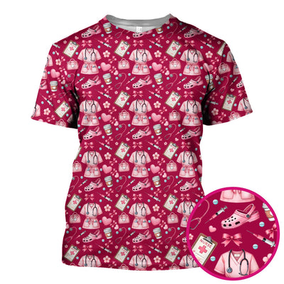 Valentine Pink Nurse Icons Print Scrub Top, Comfortable Scrubs for Nurses