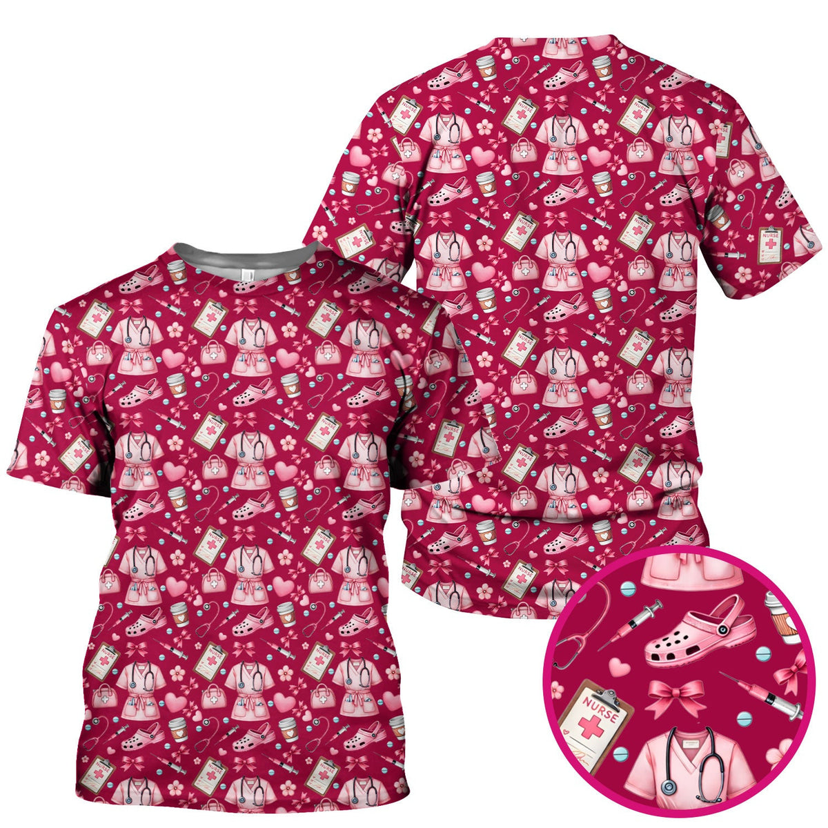 Valentine Pink Nurse Icons Print Scrub Top, Comfortable Scrubs for Nurses