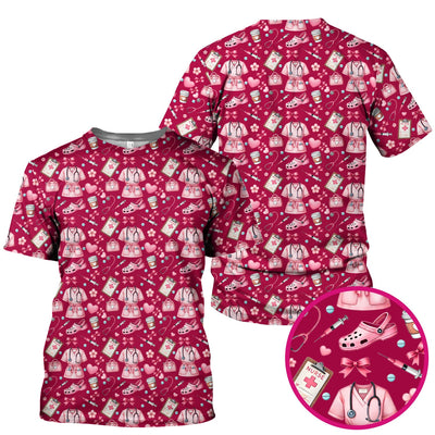 Valentine Pink Nurse Icons Print Scrub Top, Comfortable Scrubs for Nurses