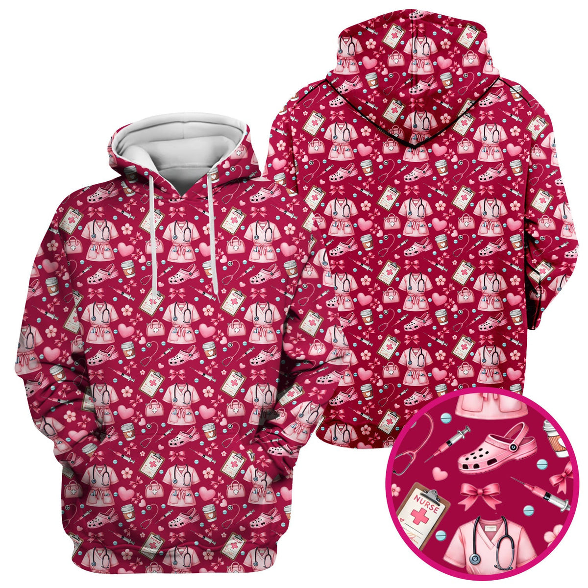 Valentine Pink Nurse Icons Print Scrub Top, Comfortable Scrubs for Nurses