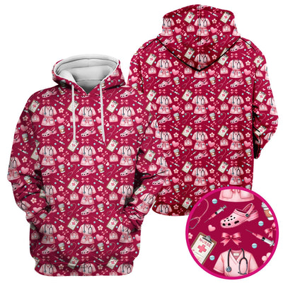 Valentine Pink Nurse Icons Print Scrub Top, Comfortable Scrubs for Nurses