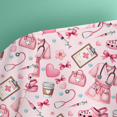 Valentine Pink Nurse Icons Print Scrub Top, Comfortable Scrubs for Nurses