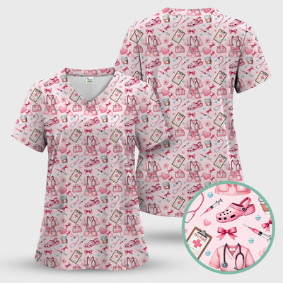Valentine Pink Nurse Icons Print Scrub Top, Comfortable Scrubs for Nurses