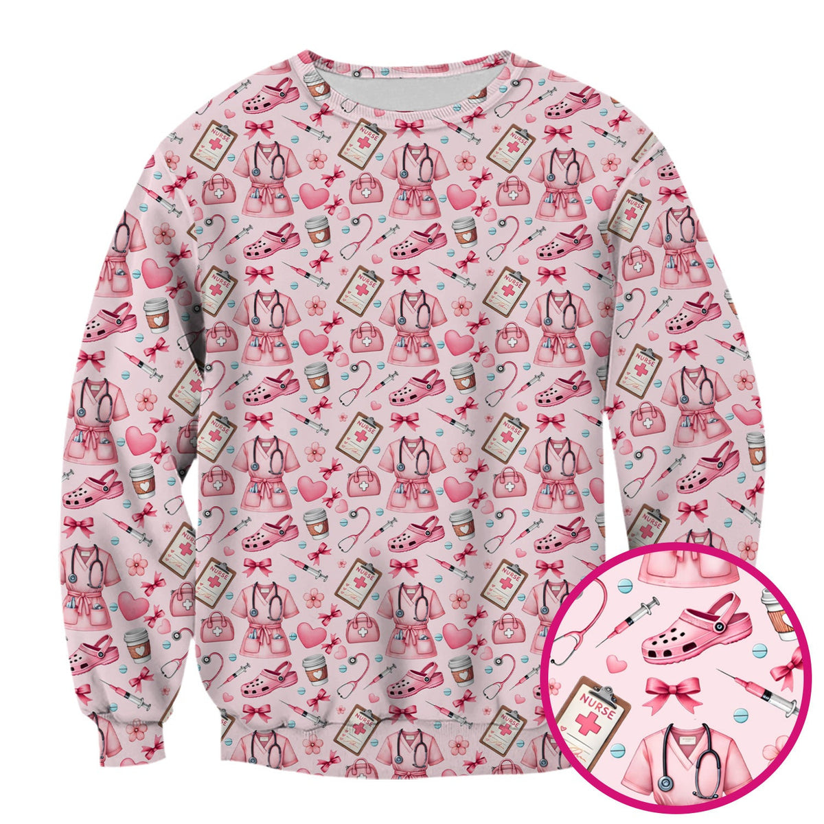 Valentine Pink Nurse Icons Print Scrub Top, Comfortable Scrubs for Nurses