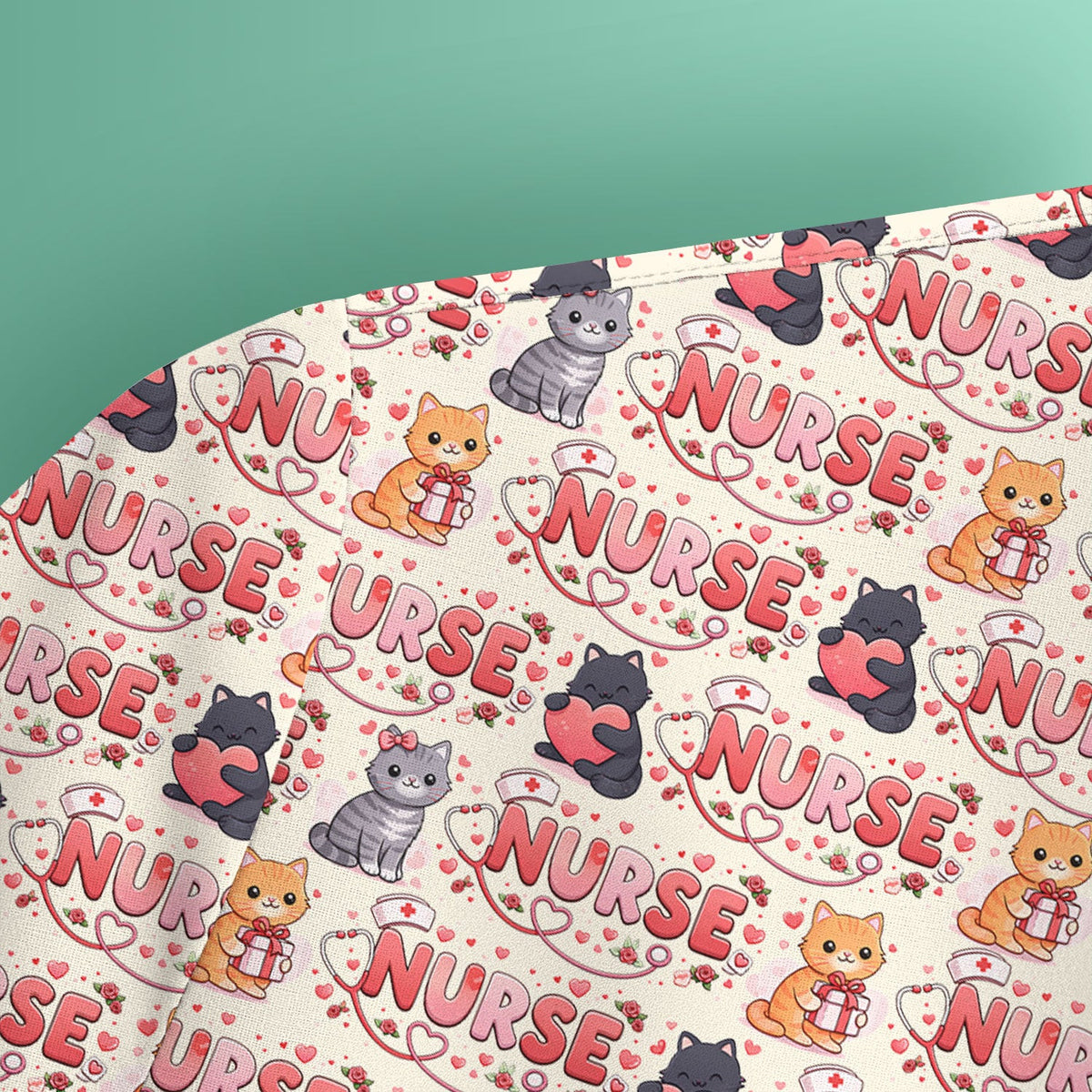 Nurse Cat Heart Pattern Valentine Scrub Top, Comfortable Scrubs for Nurses