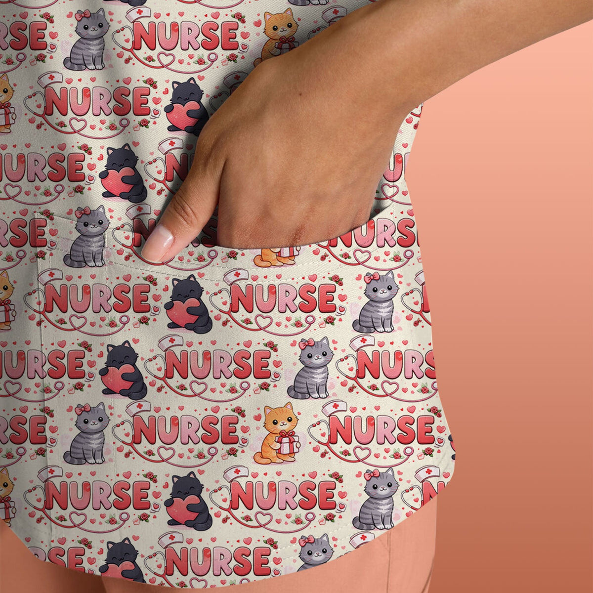 Nurse Cat Heart Pattern Valentine Scrub Top, Comfortable Scrubs for Nurses