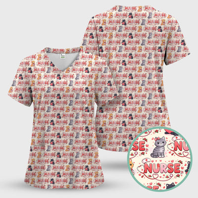 Nurse Cat Heart Pattern Valentine Scrub Top, Comfortable Scrubs for Nurses