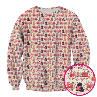 Nurse Cat Heart Pattern Valentine Scrub Top, Comfortable Scrubs for Nurses