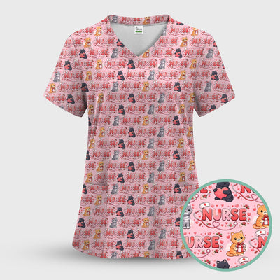 Nurse Cat Heart Pattern Valentine Scrub Top, Comfortable Scrubs for Nurses