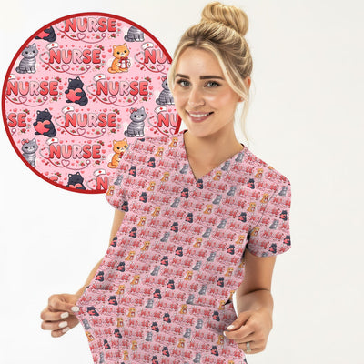 Nurse Cat Heart Pattern Valentine Scrub Top, Comfortable Scrubs for Nurses