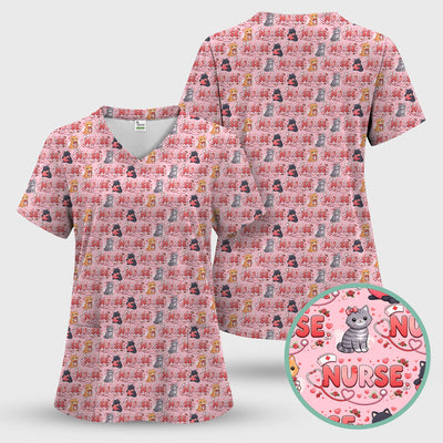 Nurse Cat Heart Pattern Valentine Scrub Top, Comfortable Scrubs for Nurses