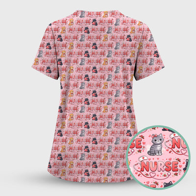 Nurse Cat Heart Pattern Valentine Scrub Top, Comfortable Scrubs for Nurses