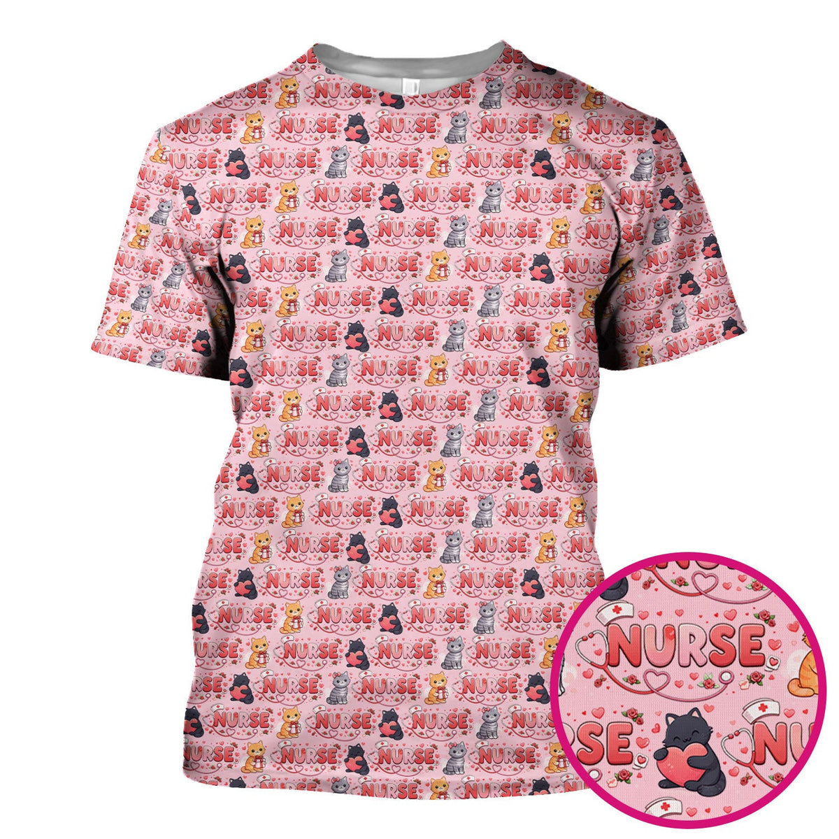 Nurse Cat Heart Pattern Valentine Scrub Top, Comfortable Scrubs for Nurses