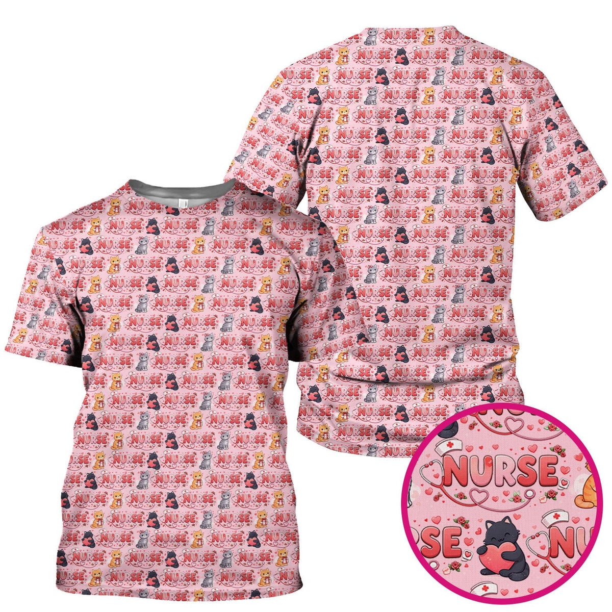 Nurse Cat Heart Pattern Valentine Scrub Top, Comfortable Scrubs for Nurses
