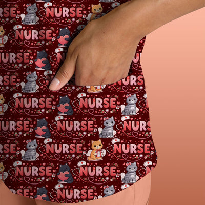 Nurse Cat Heart Pattern Valentine Scrub Top, Comfortable Scrubs for Nurses