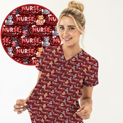 Nurse Cat Heart Pattern Valentine Scrub Top, Comfortable Scrubs for Nurses