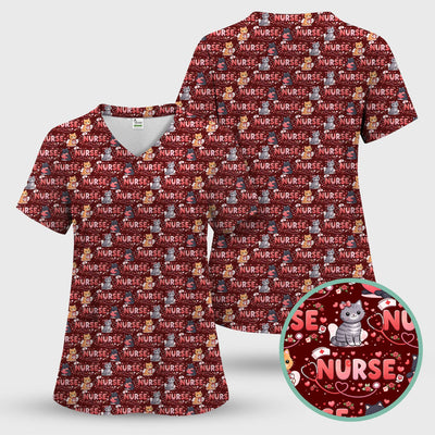 Nurse Cat Heart Pattern Valentine Scrub Top, Comfortable Scrubs for Nurses