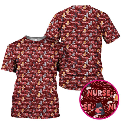 Nurse Cat Heart Pattern Valentine Scrub Top, Comfortable Scrubs for Nurses
