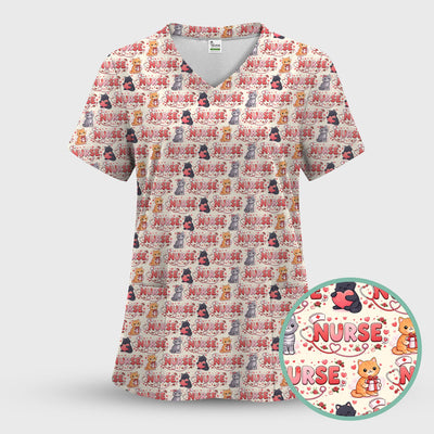 Nurse Cat Heart Pattern Valentine Scrub Top, Comfortable Scrubs for Nurses