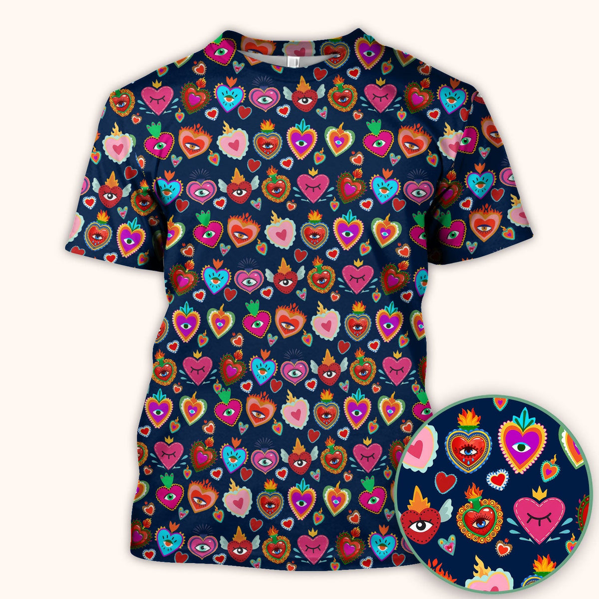 Valentine Colorful Sacred Heart Print Medical Scrub Top, Comfortable Scrubs for Nurses