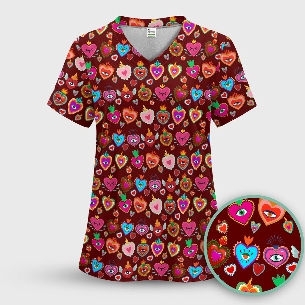 Valentine Colorful Sacred Heart Print Medical Scrub Top, Comfortable Scrubs for Nurses