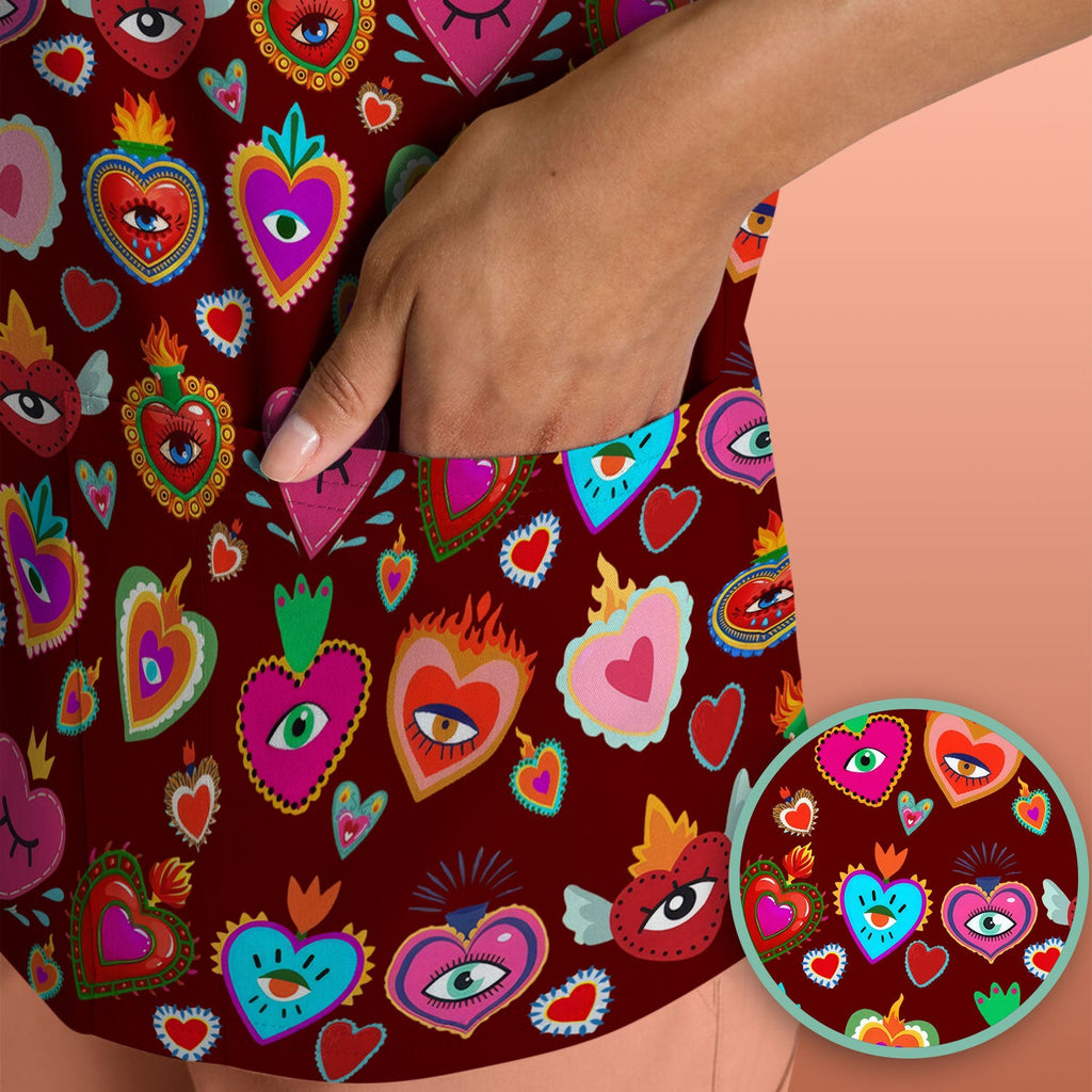 Valentine Colorful Sacred Heart Print Medical Scrub Top, Comfortable Scrubs for Nurses