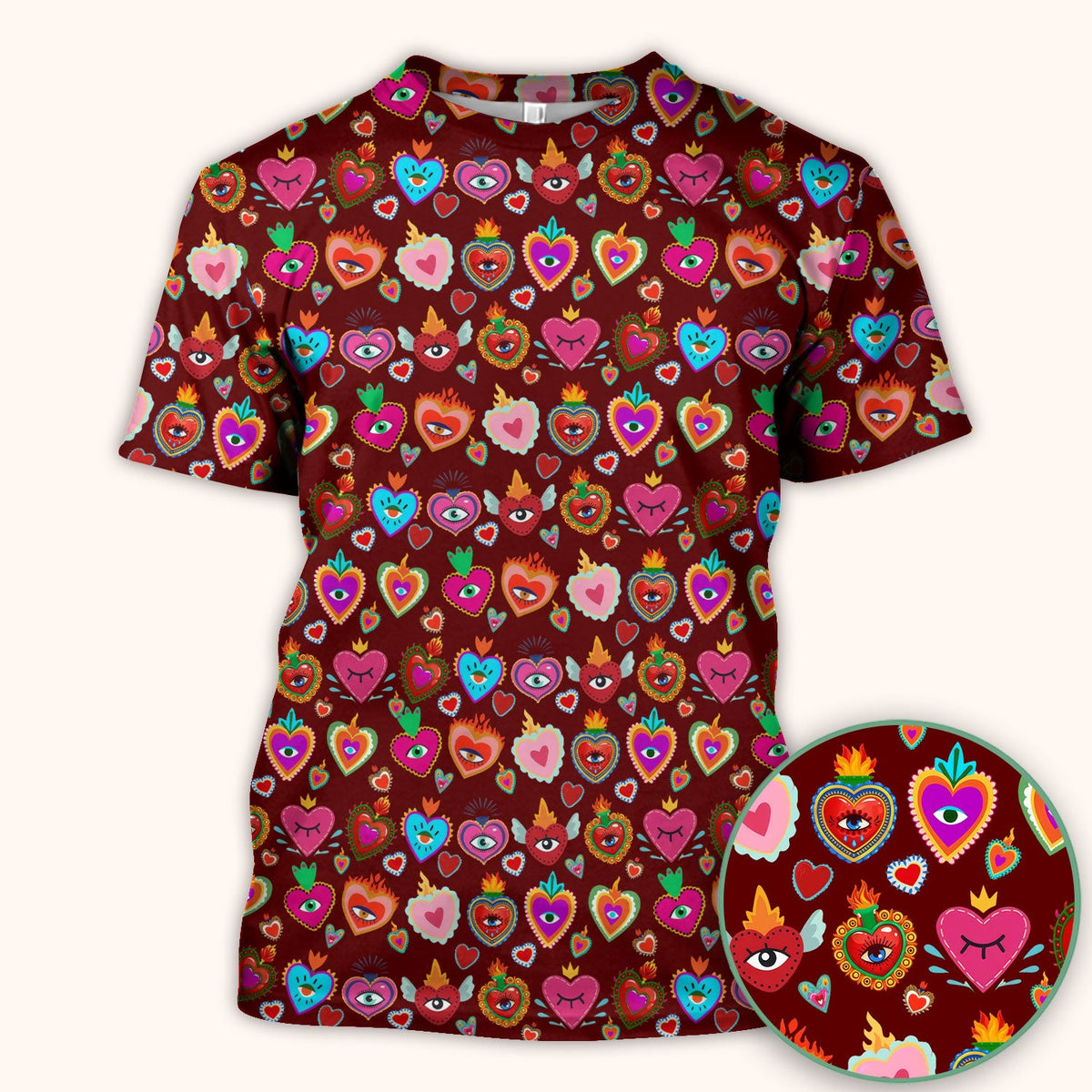 Valentine Colorful Sacred Heart Print Medical Scrub Top, Comfortable Scrubs for Nurses