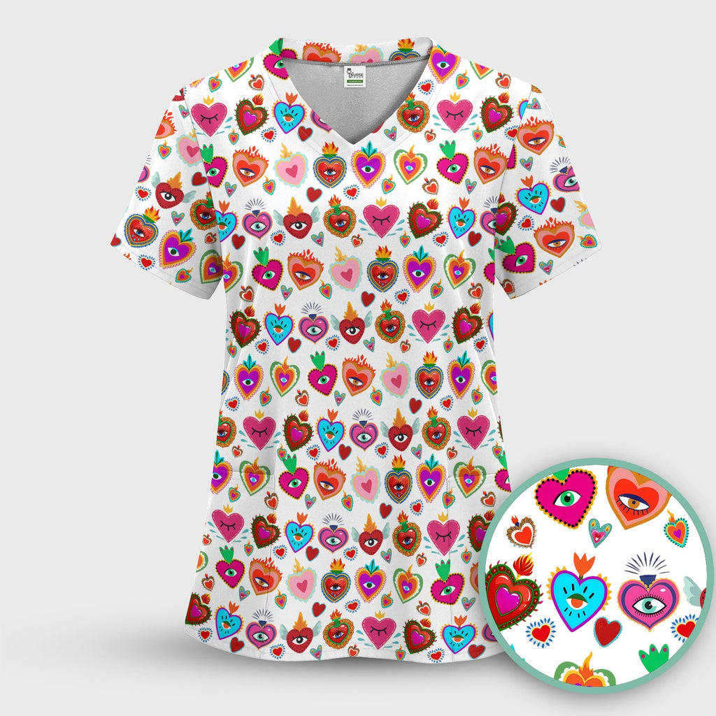 Valentine Colorful Sacred Heart Print Medical Scrub Top, Comfortable Scrubs for Nurses