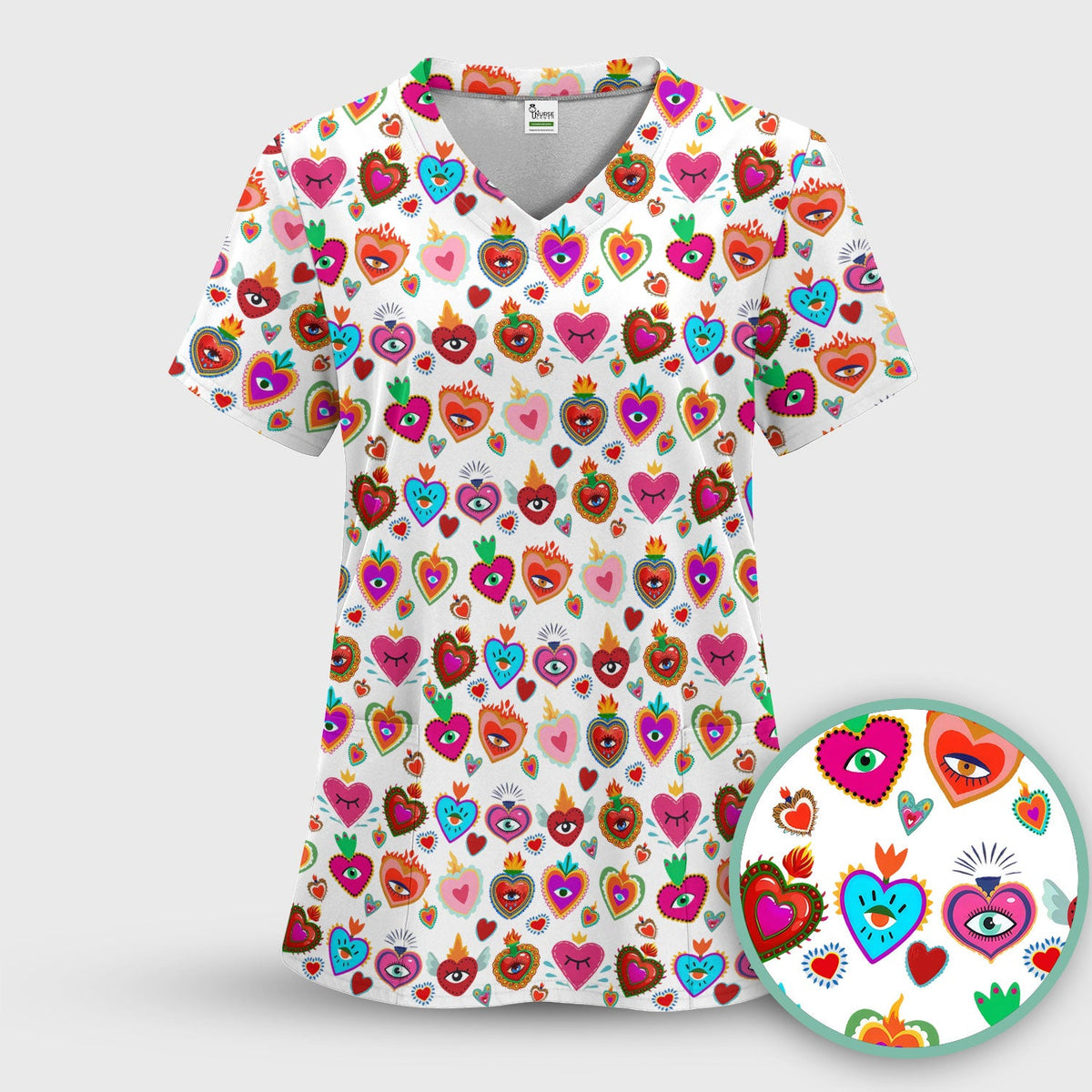 Valentine Colorful Sacred Heart Print Medical Scrub Top, Comfortable Scrubs for Nurses