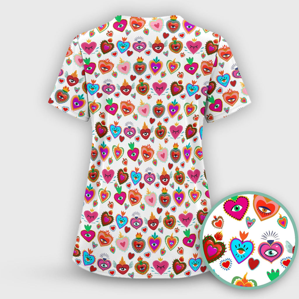 Valentine Colorful Sacred Heart Print Medical Scrub Top, Comfortable Scrubs for Nurses
