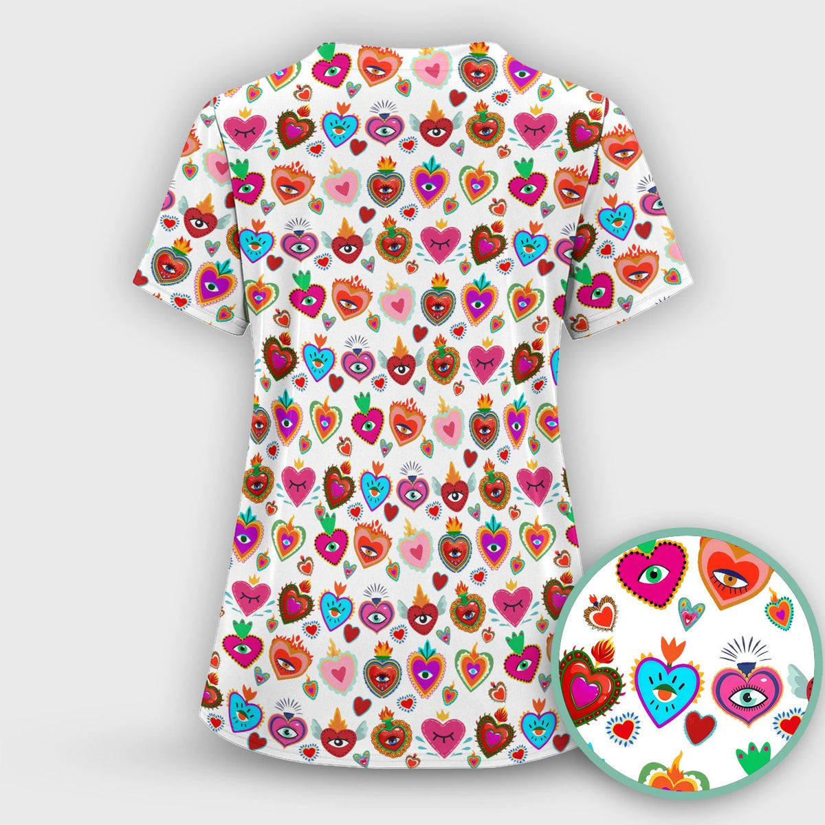 Valentine Colorful Sacred Heart Print Medical Scrub Top, Comfortable Scrubs for Nurses