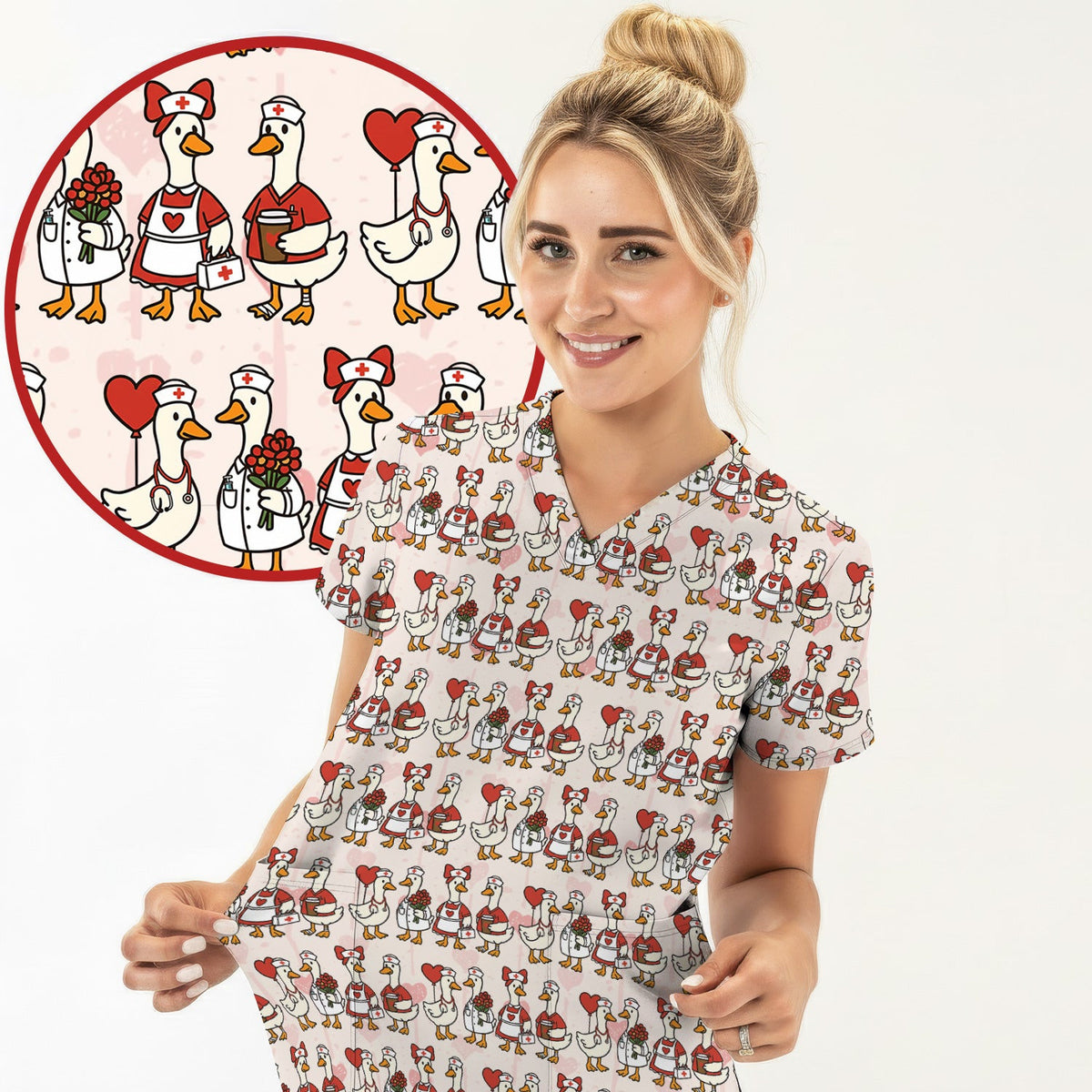 Valentine Nurse Goose Pattern Scrub Top, Comfortable Scrubs for Nurse