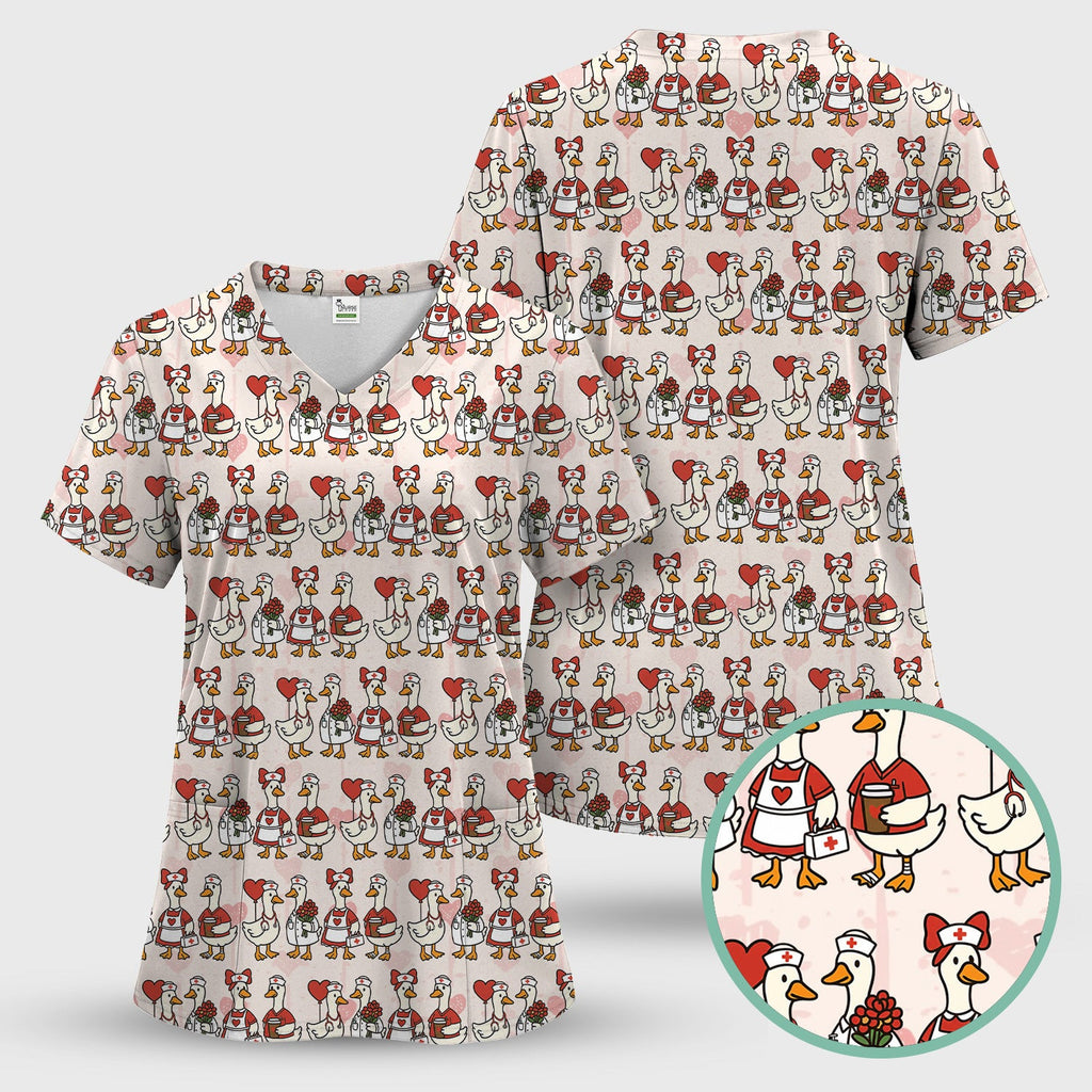 Valentine Nurse Goose Pattern Scrub Top, Comfortable Scrubs for Nurse