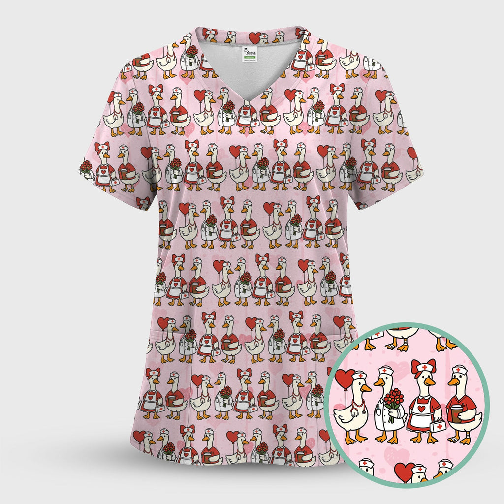 Valentine Nurse Goose Pattern Scrub Top, Comfortable Scrubs for Nurse