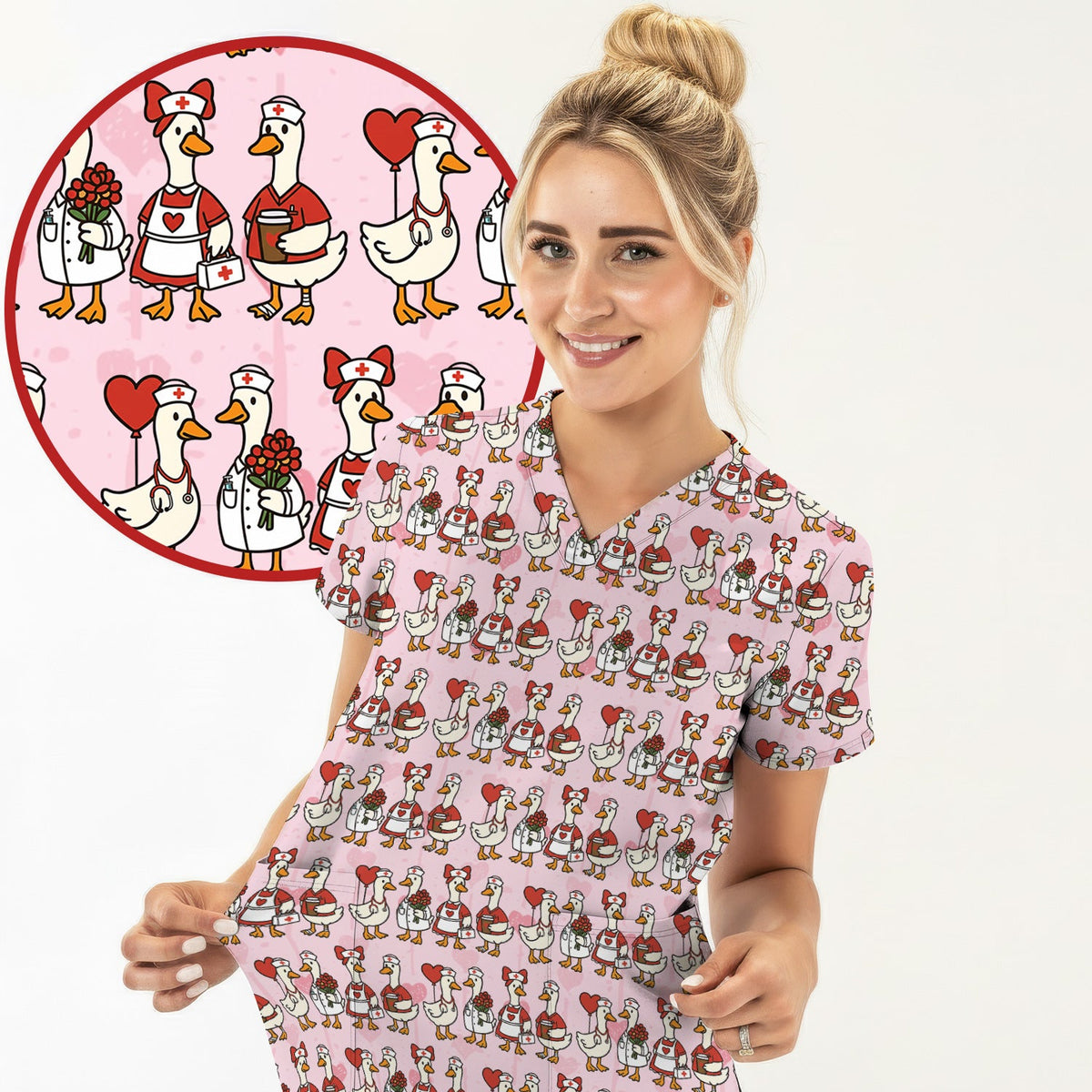 Valentine Nurse Goose Pattern Scrub Top, Comfortable Scrubs for Nurse