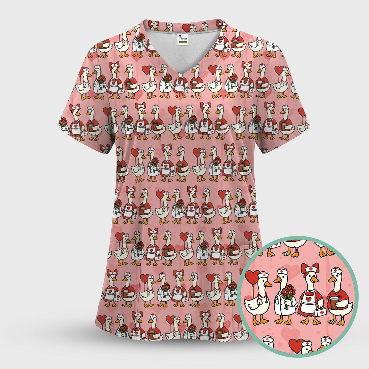 Valentine Nurse Goose Pattern Scrub Top, Comfortable Scrubs for Nurse