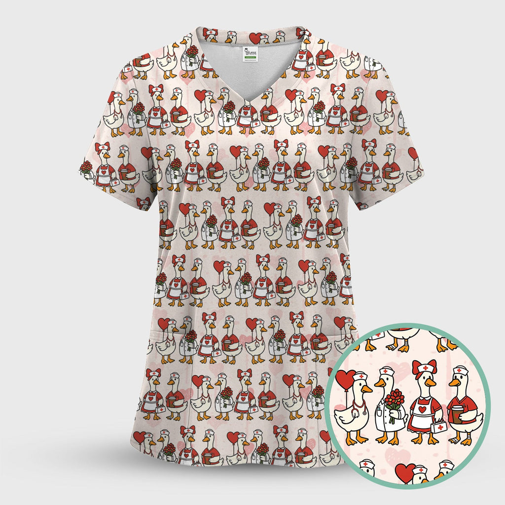 Valentine Nurse Goose Pattern Scrub Top, Comfortable Scrubs for Nurse