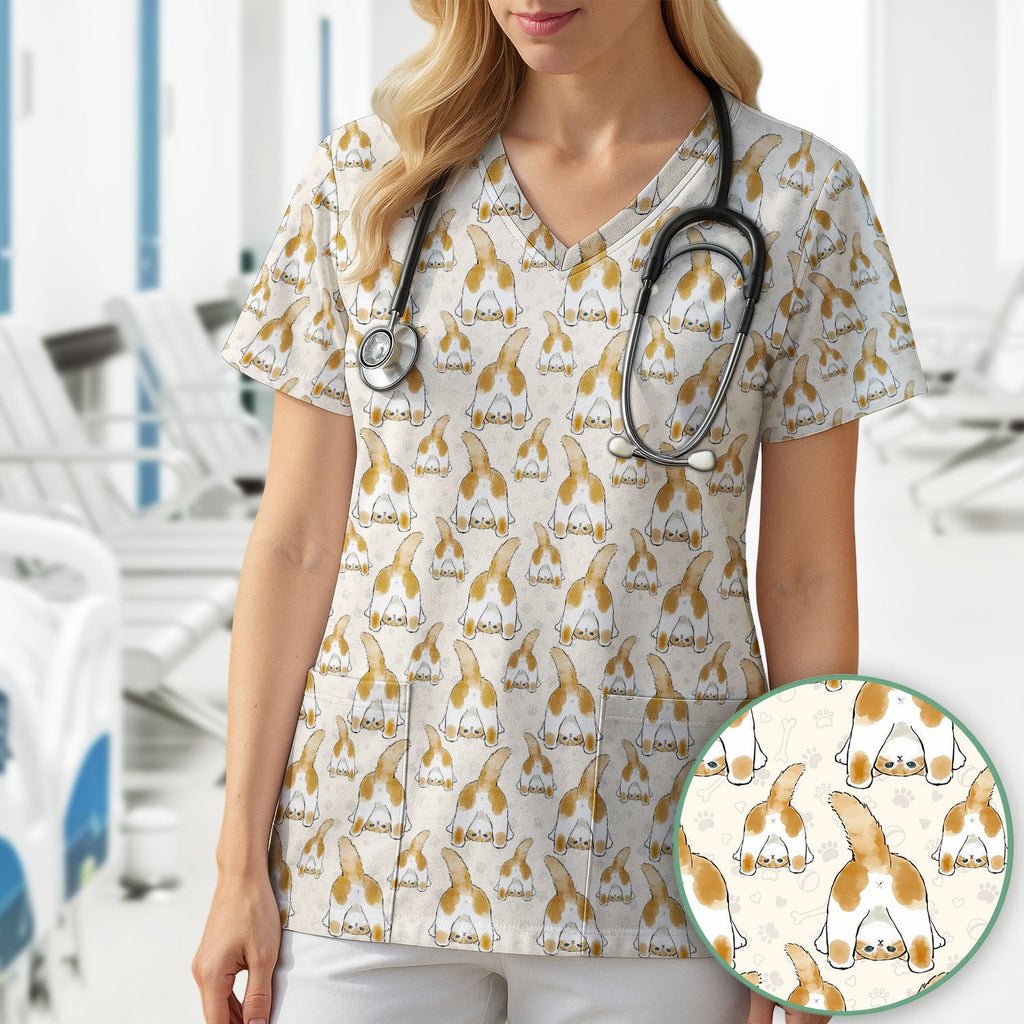 Cute Cat Butt Nurse Scrub Top, Cat Pattern Medical Shirt For Pet Lover, Breathable Fabrics Nursing Uniform