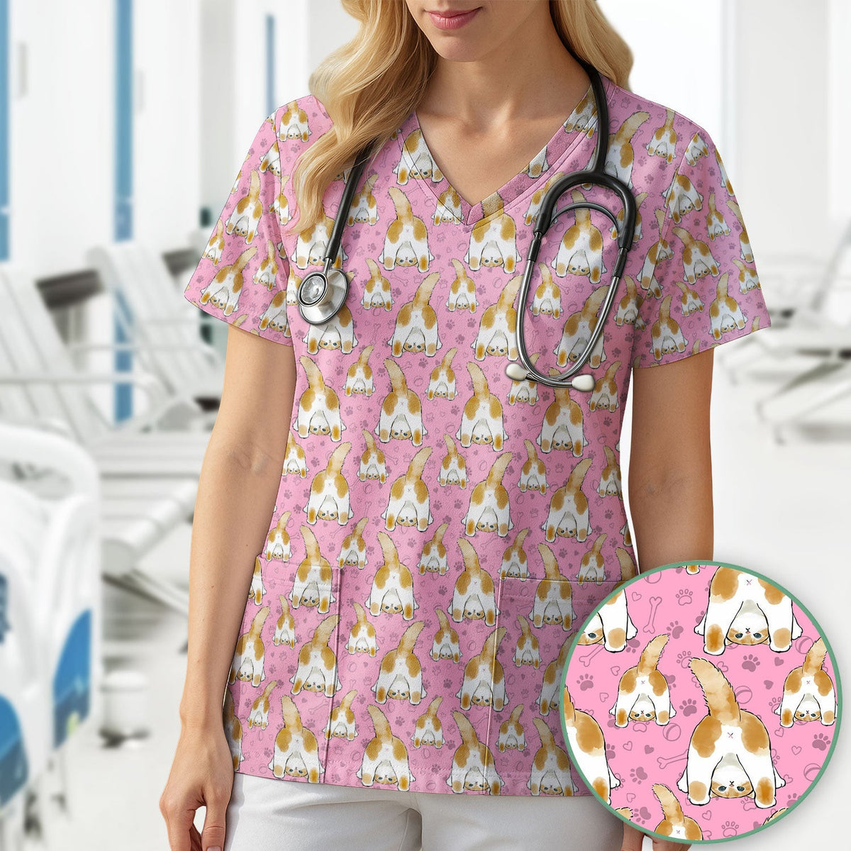 Cute Cat Butt Nurse Scrub Top, Cat Pattern Medical Shirt For Pet Lover, Breathable Fabrics Nursing Uniform